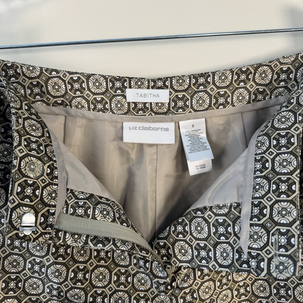 Liz Claiborne Tabitha Silk Pant Women's Sz 8 Khaki/Olive‎ Geometric Print - Picture 7 of 11